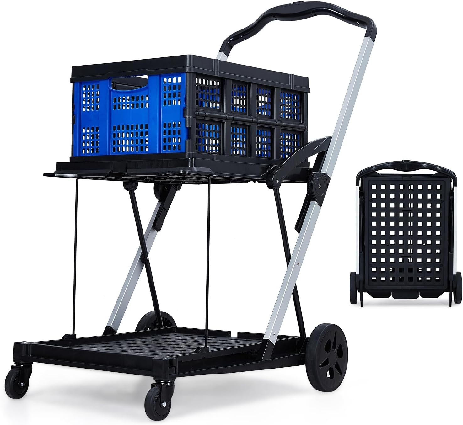 Collapsible Shopping Cart with Wheels & Removable Storage Crate for Supermarket