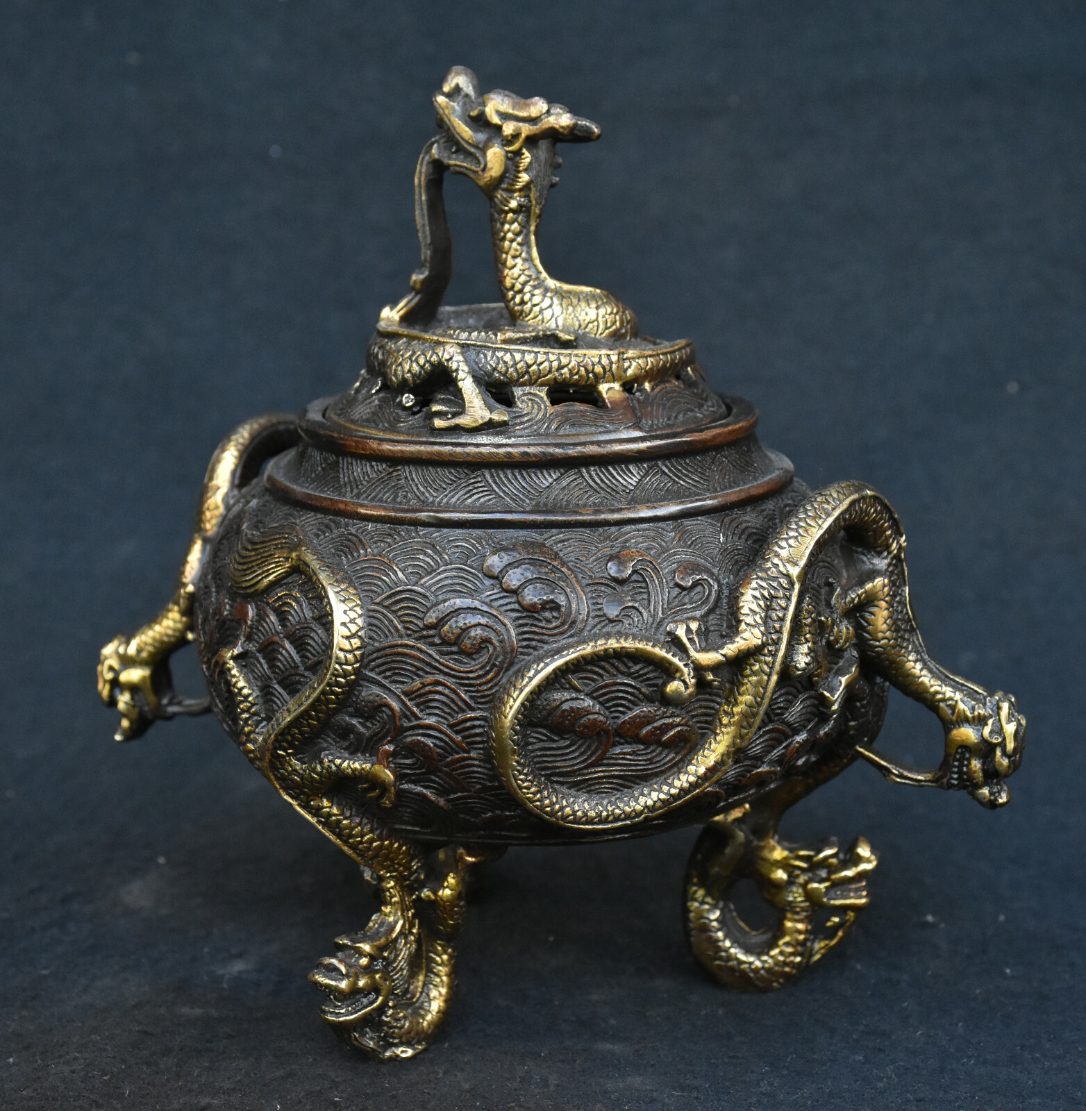 Old Chinese Dynasty Bronze Gilt Animal Dragon Loong Beast Incense Burner Censer