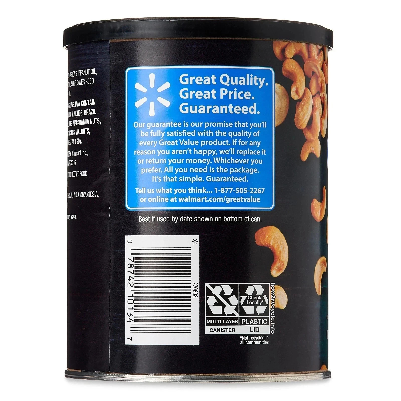 Great Value Deluxe Whole Cashews, Unsalted, 16 oz NEW