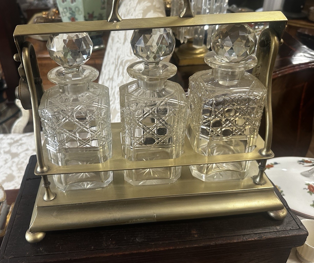 Antique English Silver Plated Tantalus Three Bottle Decanter Liquor Set Locking