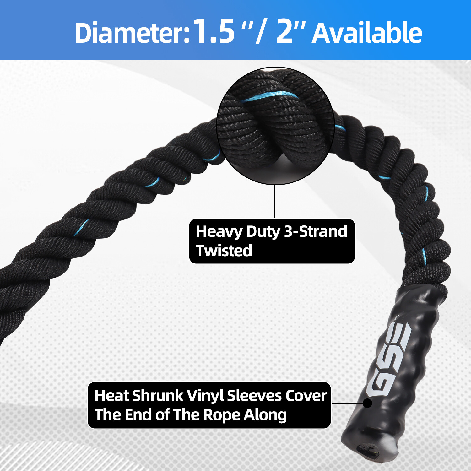 1.5"/2" Battle Rope Gym Workout Strength Exercise Training Rope 30ft/40ft/50ft L