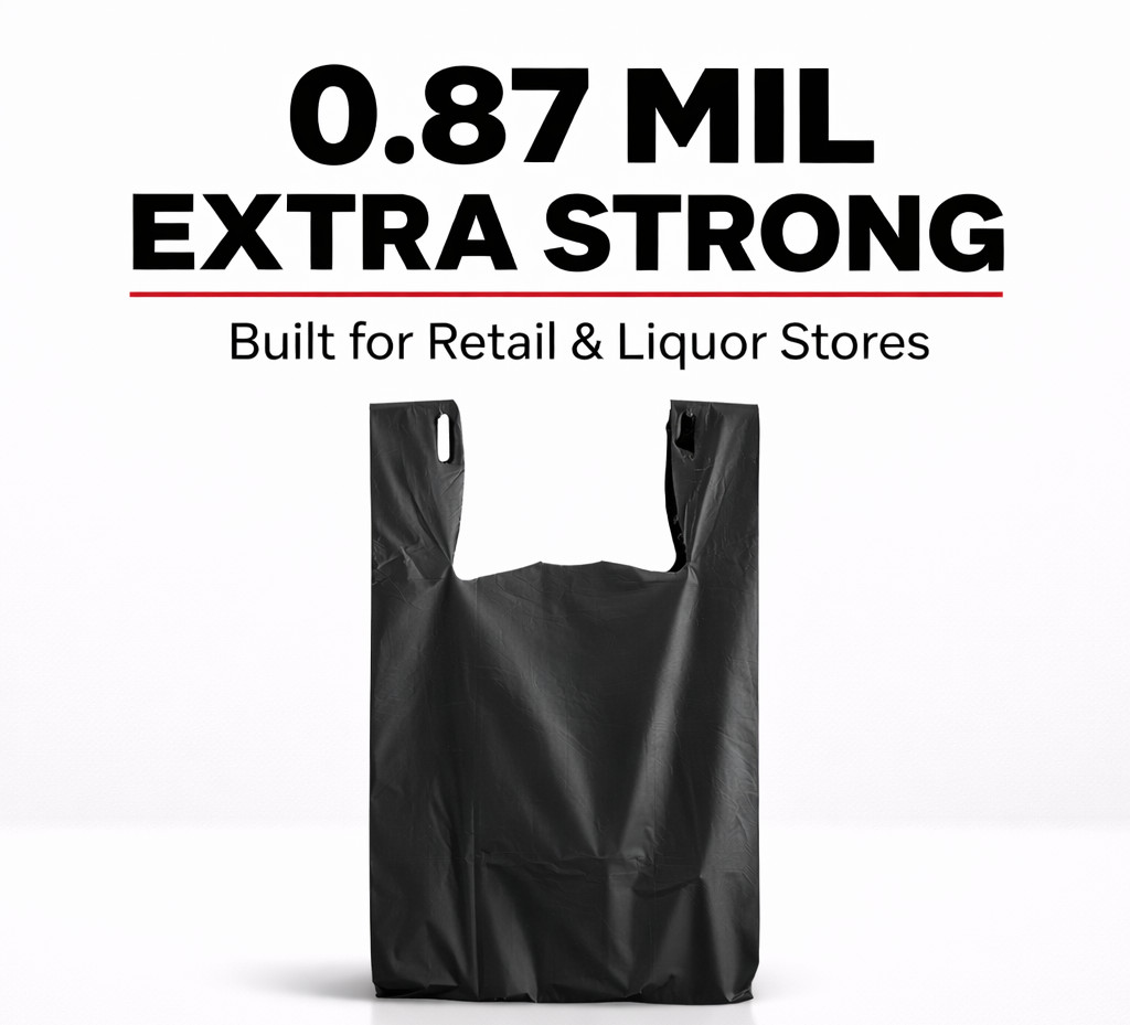 1/6 21 x 6.5 x 11.5 Heavy Duty .87 Mil  BLACK T-Shirt Plastic Shopping Bags