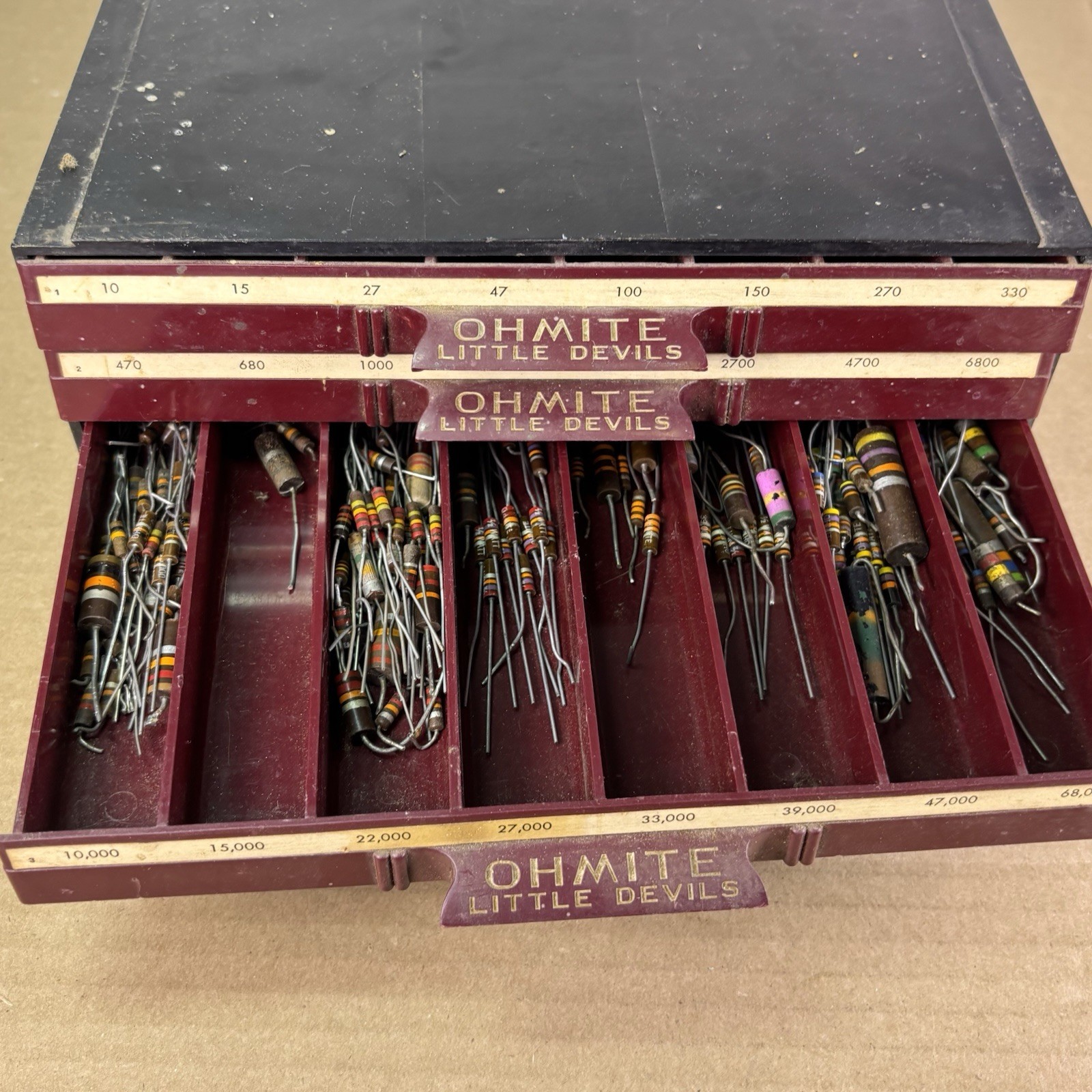 MASSIVE Lot of VTG NOS/USED Resistors w Ohmite Little Devils Storage Bin 9x5x4"