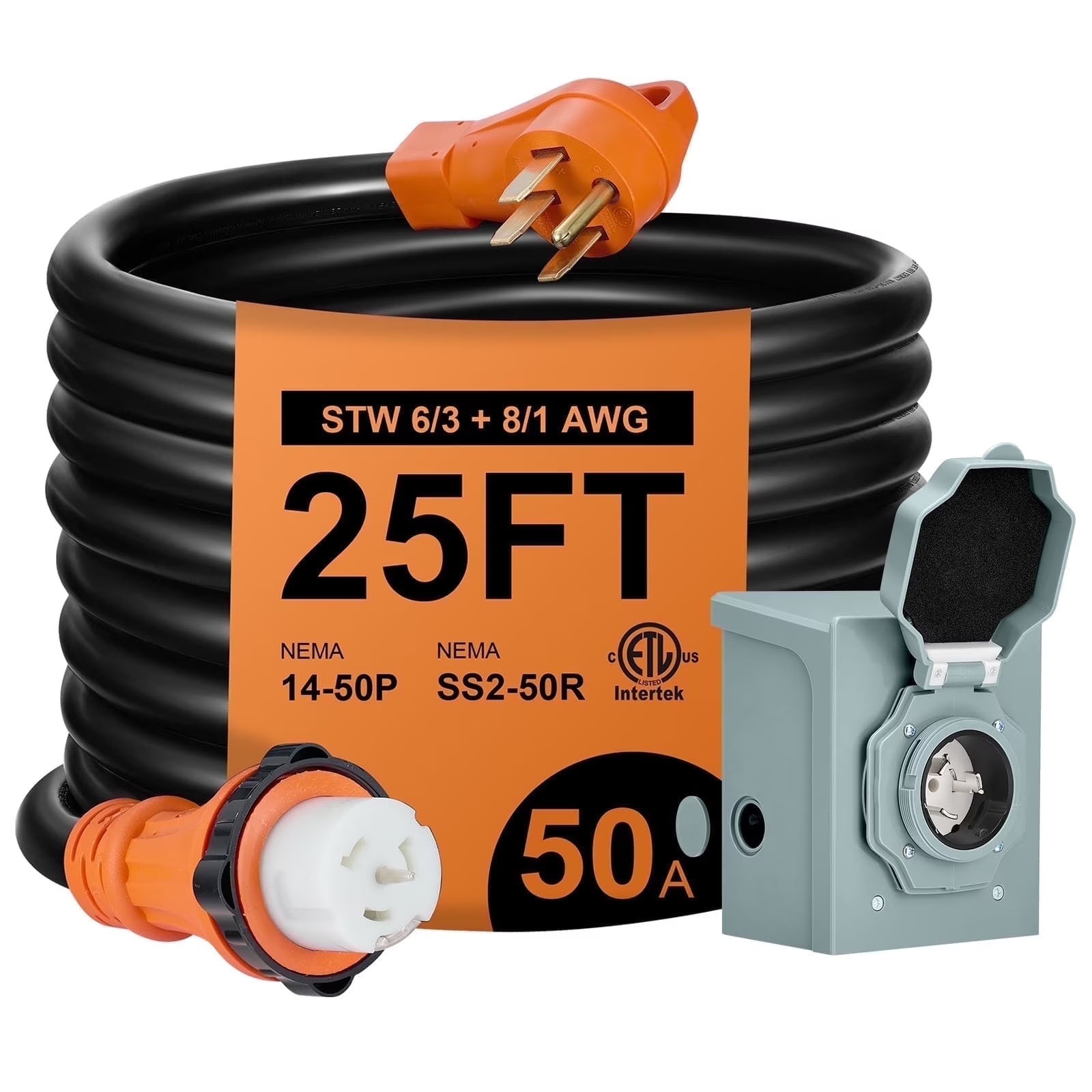 50 Amp Extension Cord 25FT 125/250V STW Gauge NEMA 14-50P to SS2-50R