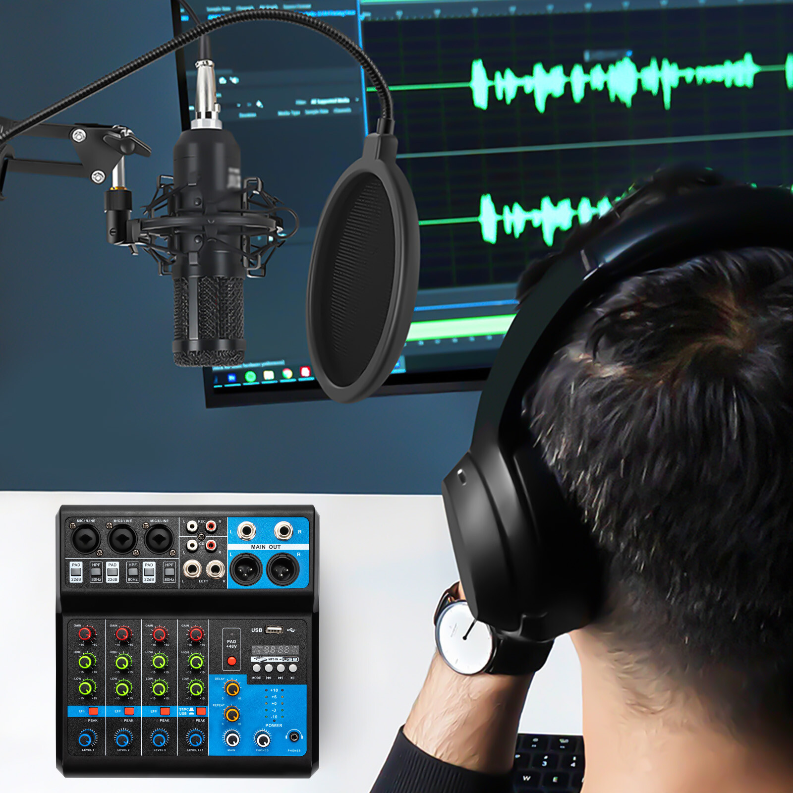5-Channel Mixer with Bluetooth, USB, and Reverb for Live Audio Mixing