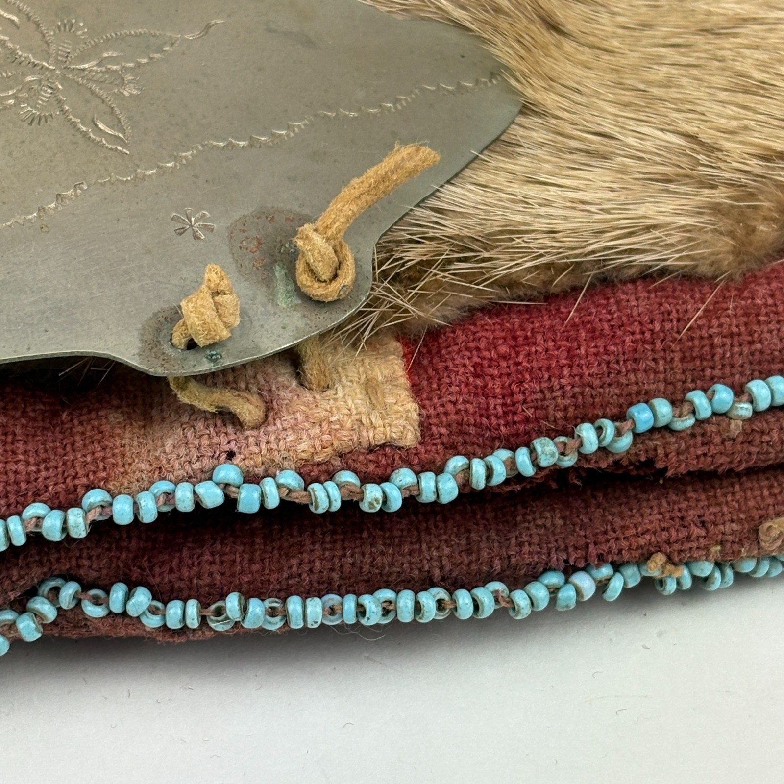 Antique Plains Indian Beaver Fur Hat Beaded Trim Trade Wool Lining Silver 1880s