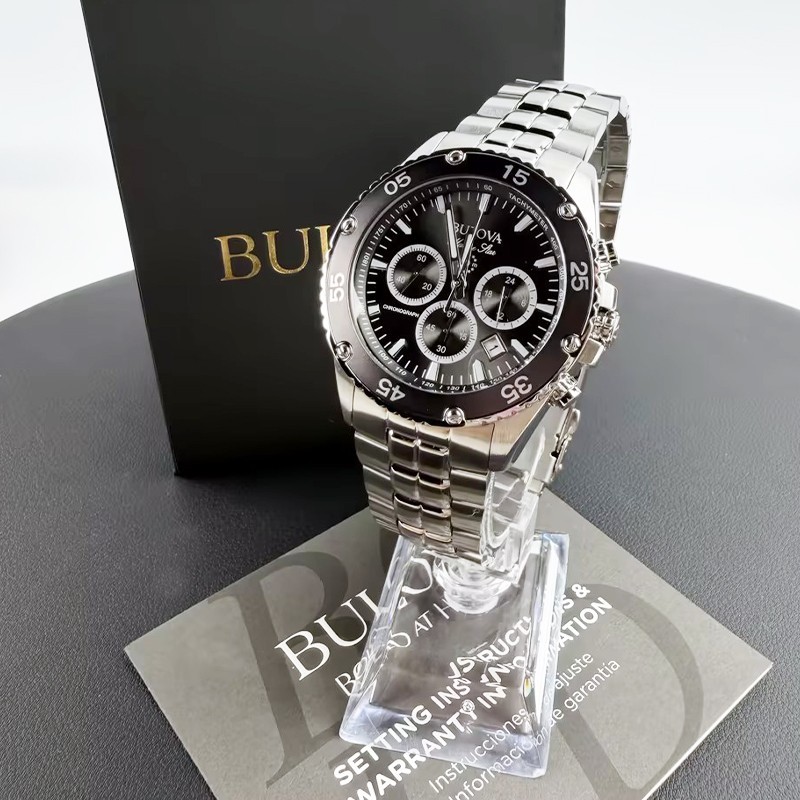 Men Bulova Classic Marine Star Black Dial Chronograph 98B401 Quartz Watch 41.5mm