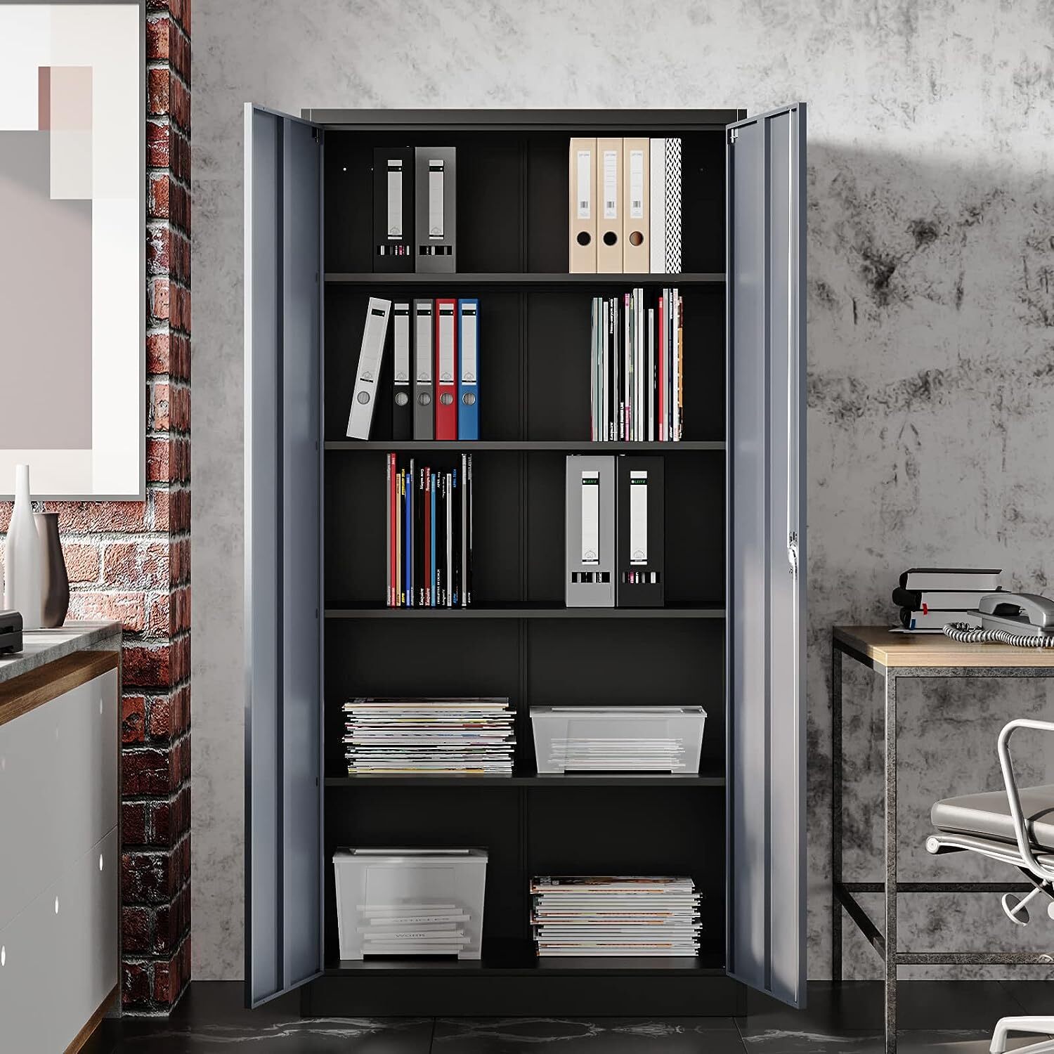 Metal Cabinet 4 Adjustable Shelves 71H Locking Garage Storage Cabinet with Doors