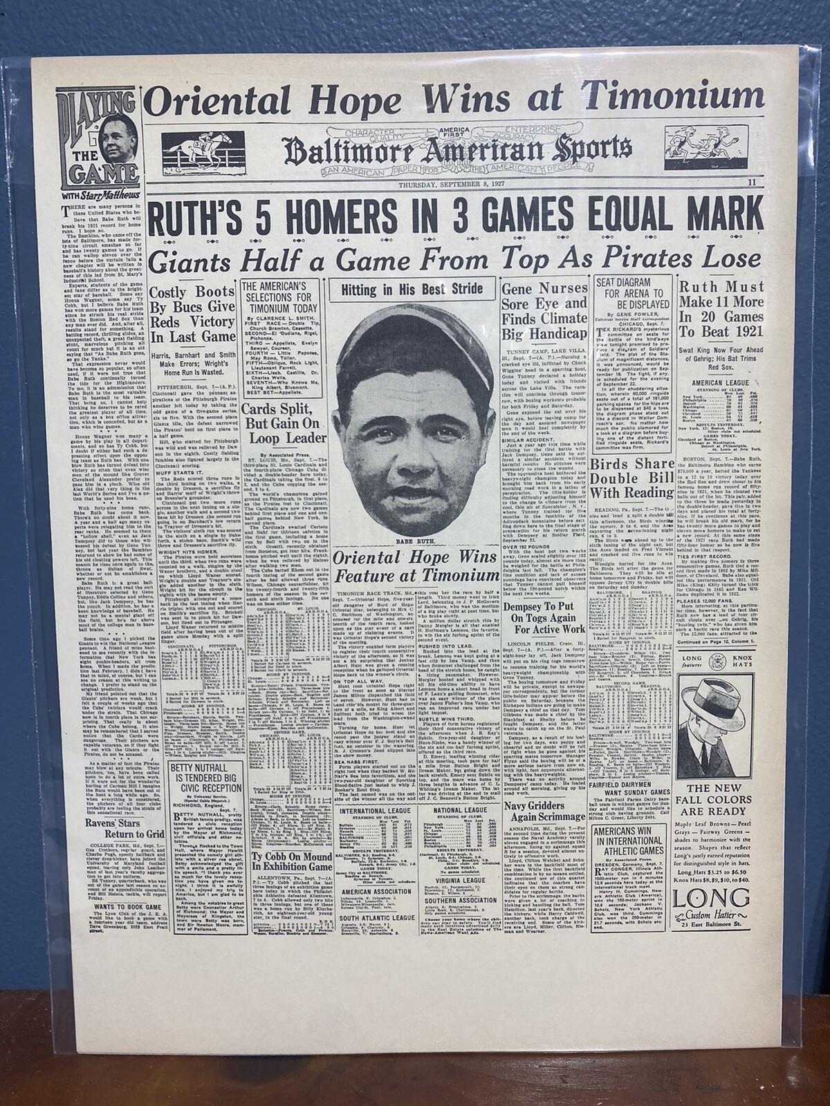 VINTAGE NEWSPAPER HEADLINE ~BABE RUTH HITS 5 HOME RUNS IN 3 GAMES 1927 BASEBALL