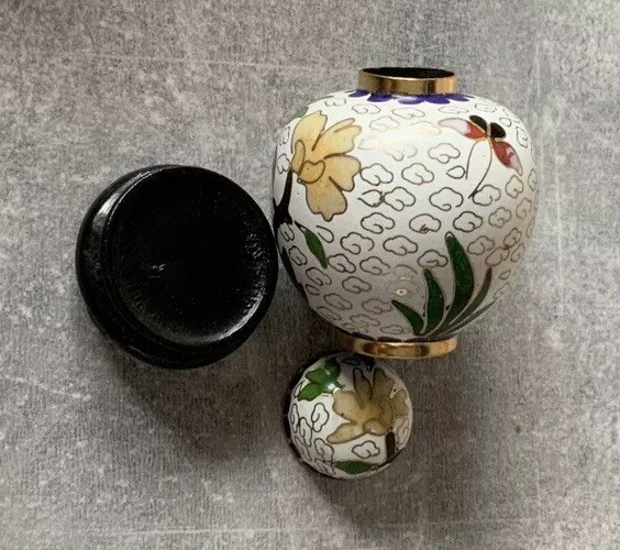 Miniature Chinese Cloisonné Lidded Ginger Jar With Stand and Original Box VTG