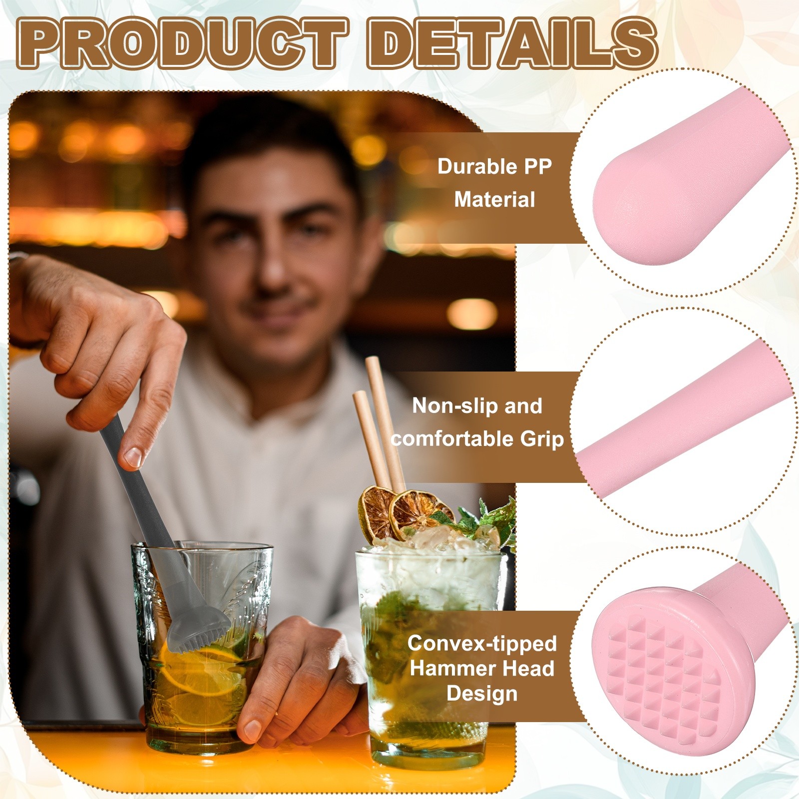 Cocktail Muddler, 8 Inch PP Drink Muddler, Pink (Thin)