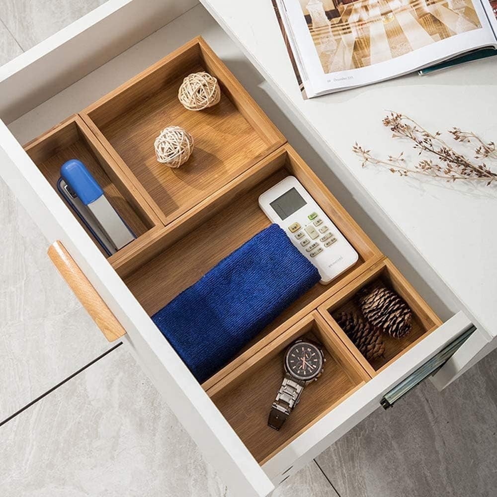 Bamboo Drawer Organizer, Adjustable & Stackable 5-Grid Tray for Kitchen,Bathroom