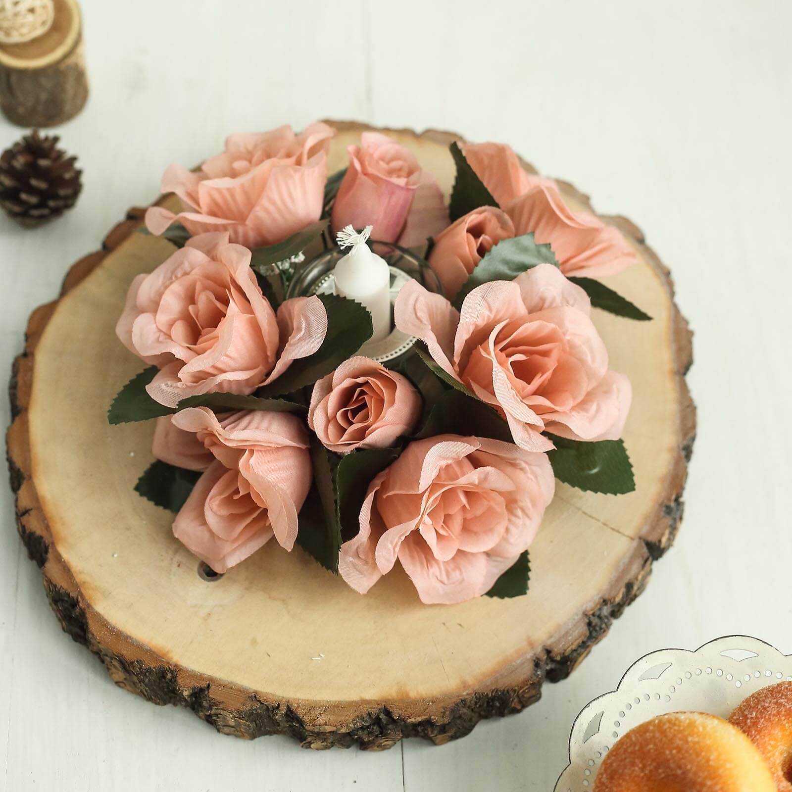 4 Dusty Rose CANDLE RINGS with SILK ROSES Wedding Flowers for Centerpieces SALE