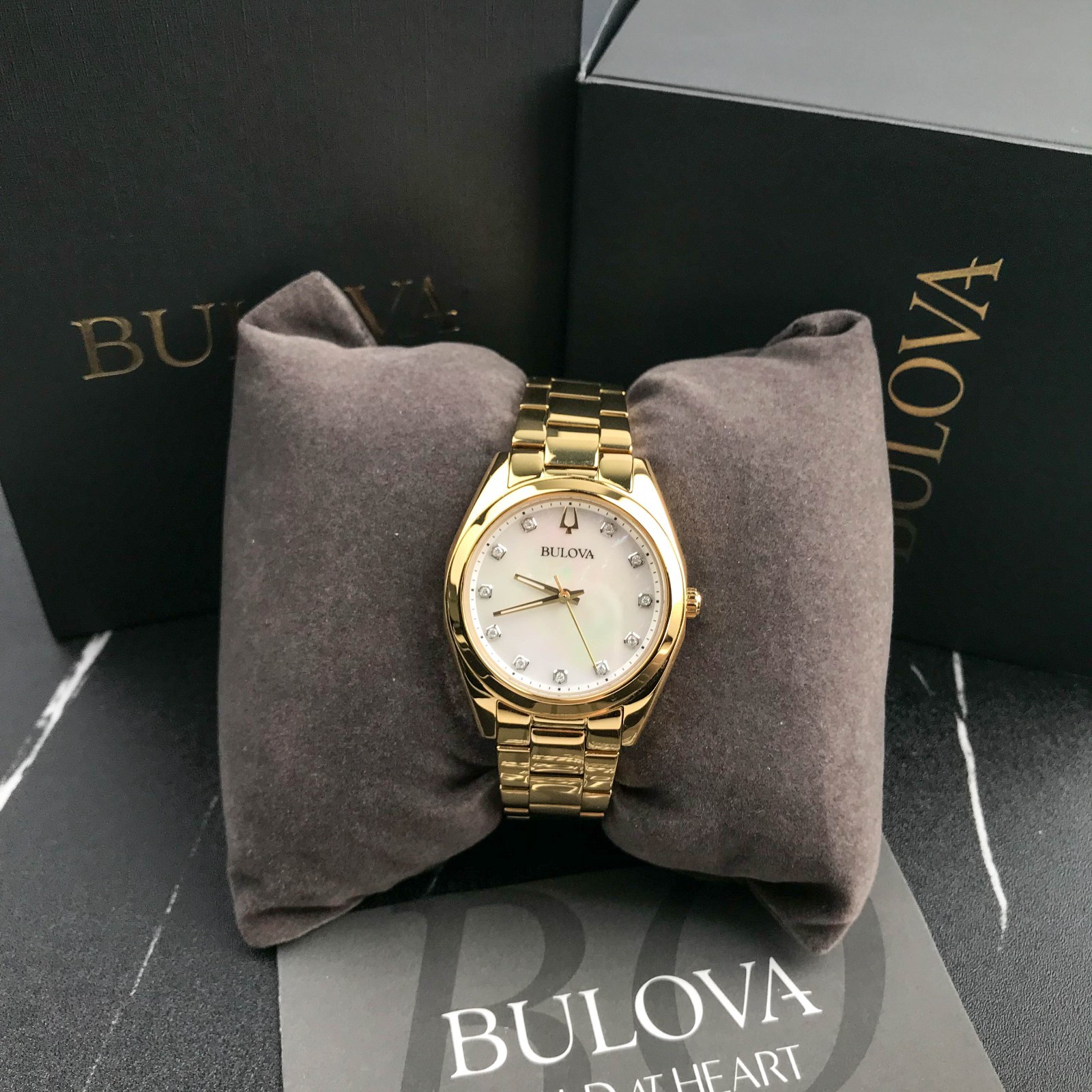 Bulova Surveyor Ladies 97P172 Gold Tone Mother-of-Pearl Dial Quartz Watch 31mm