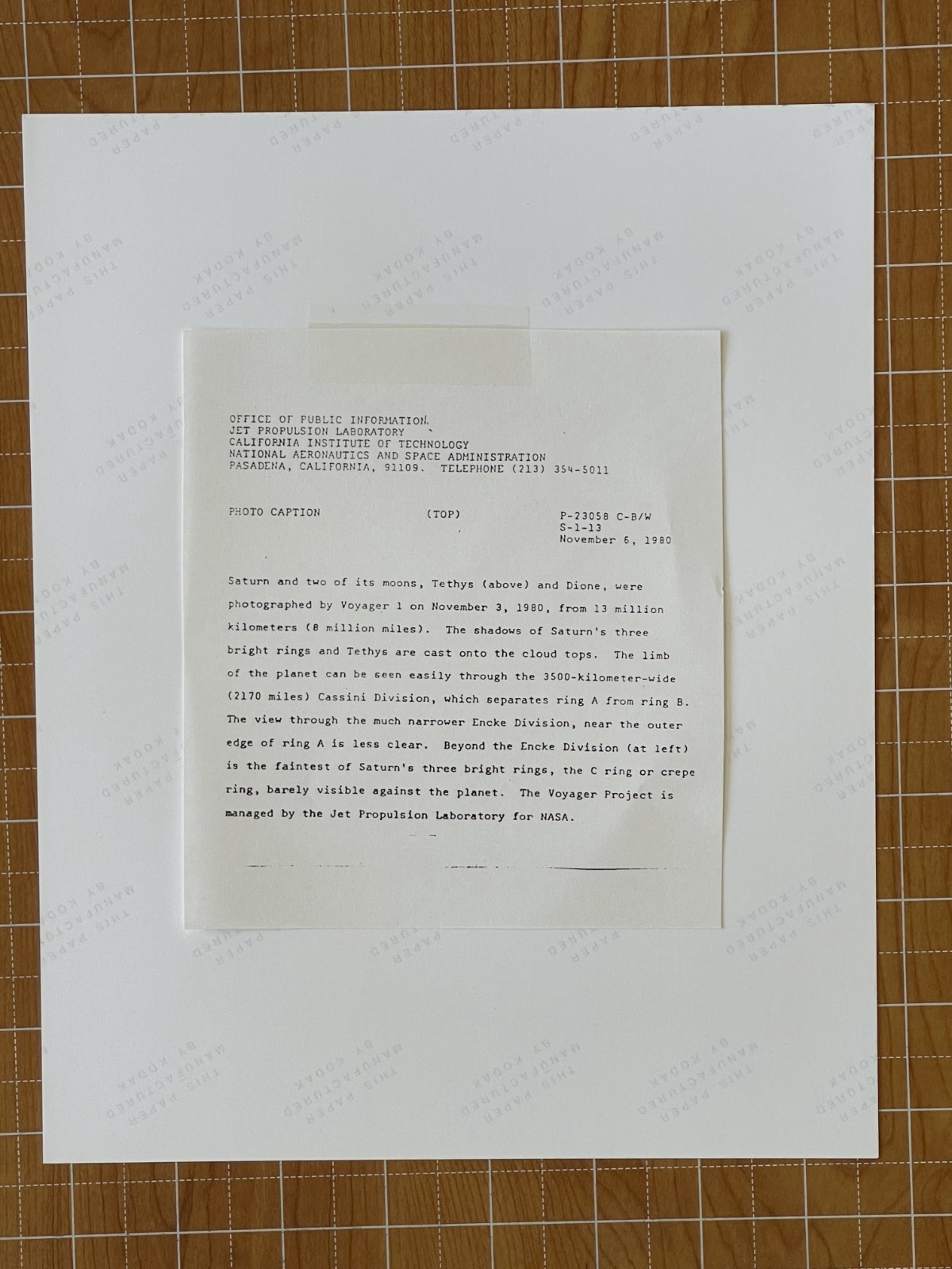 VINTAGE SPACE NASA PHOTO SATURN VOYAGER JPL KODAK PAPER