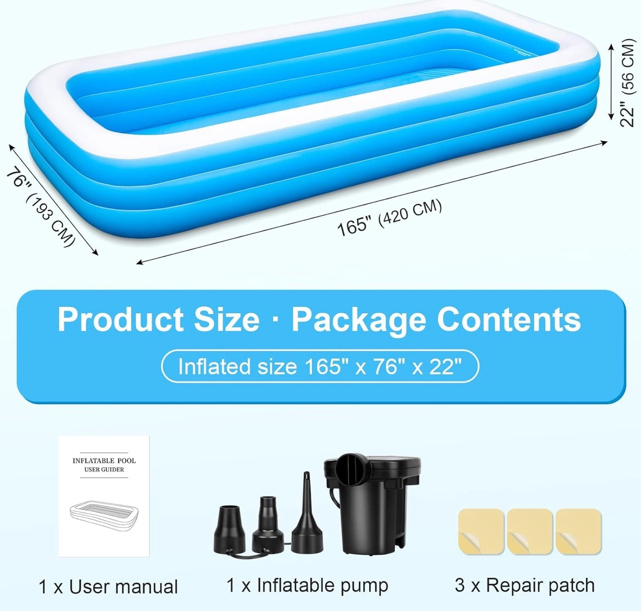 Large Inflatable Pool for Adults, 165'' x 76'' x 22'' Big Inflatable Swimming...
