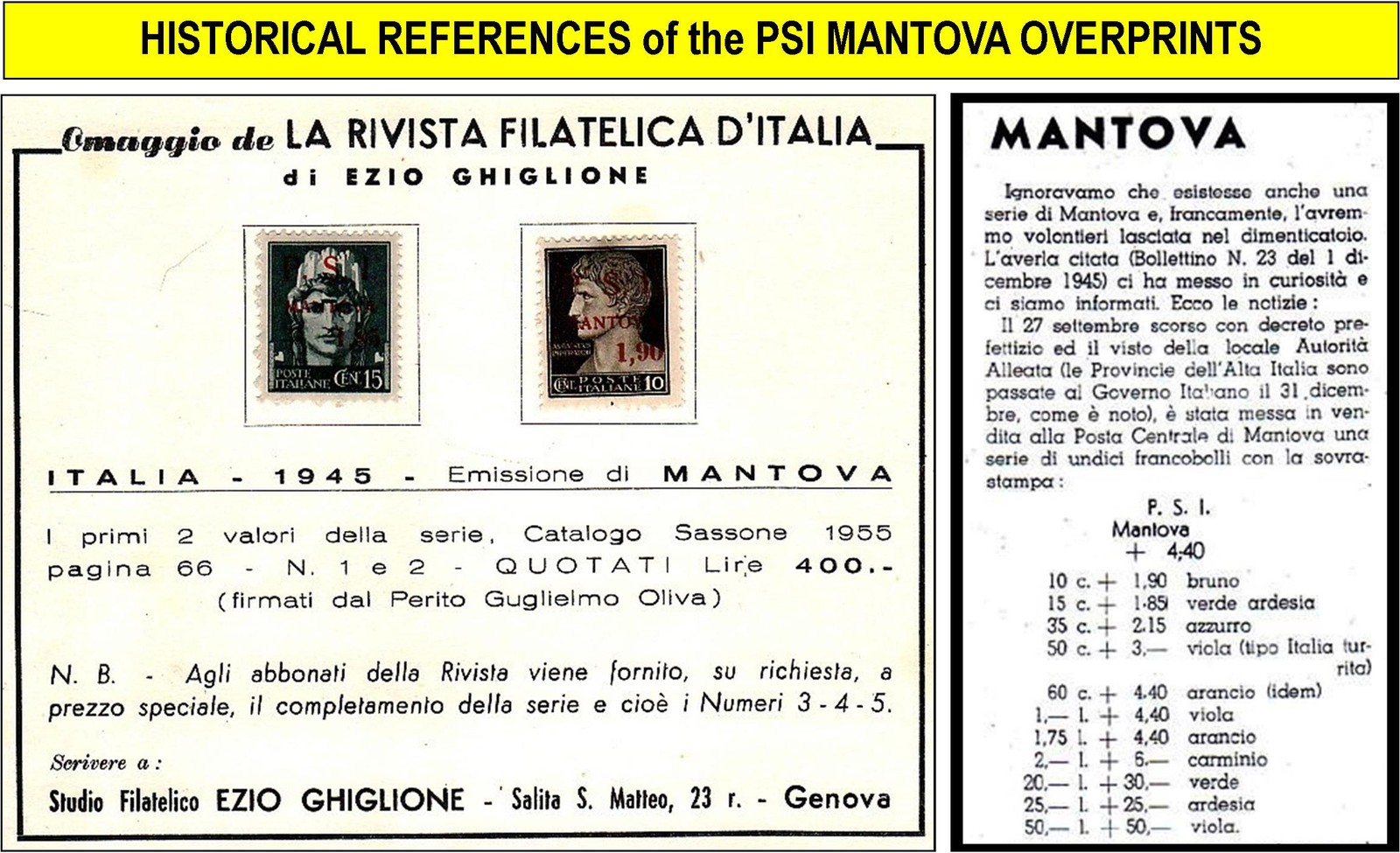 PSI-MANTOVA 1945 CLN 4 stamps three fine MNH and one fine MISPELLED ERROR (167)