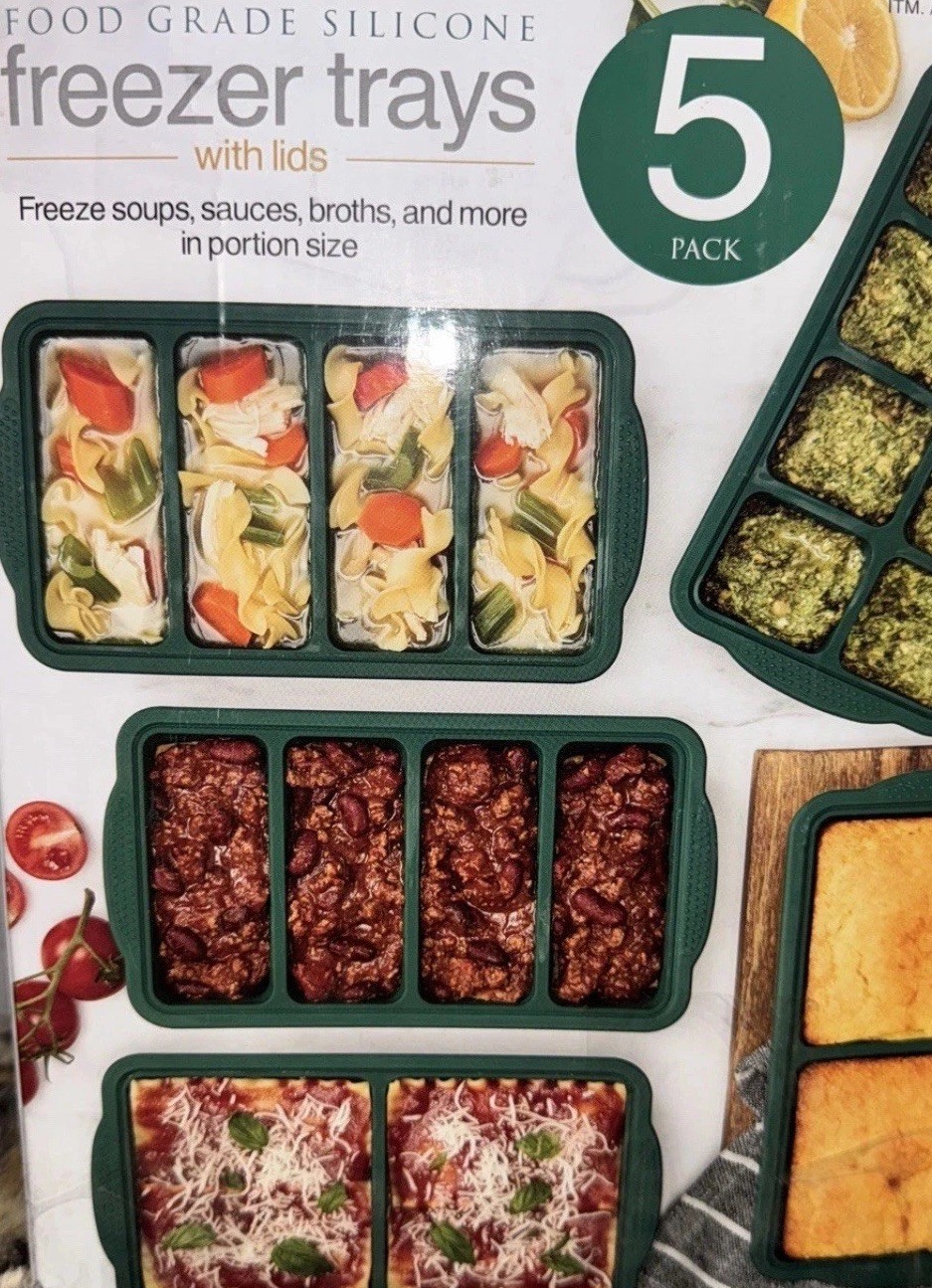 Food Grade Silicone Freezer Trays/Molds Green 5 Pack +Lids-Great For Meal Prep