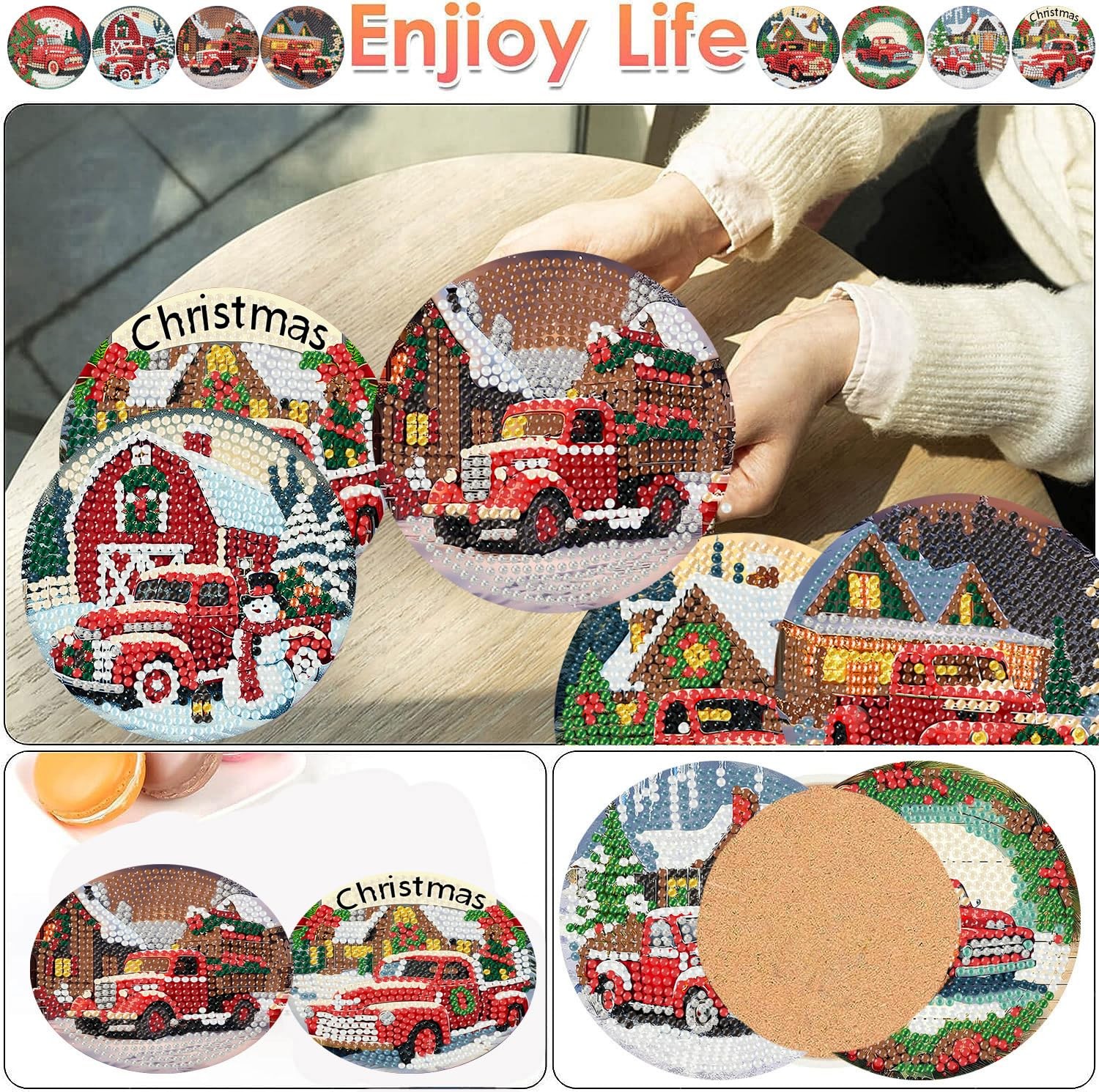 ijbnhd 8 PCS Christmas Diamond Art Coasters Kit, 4X4X0.1, Truck
