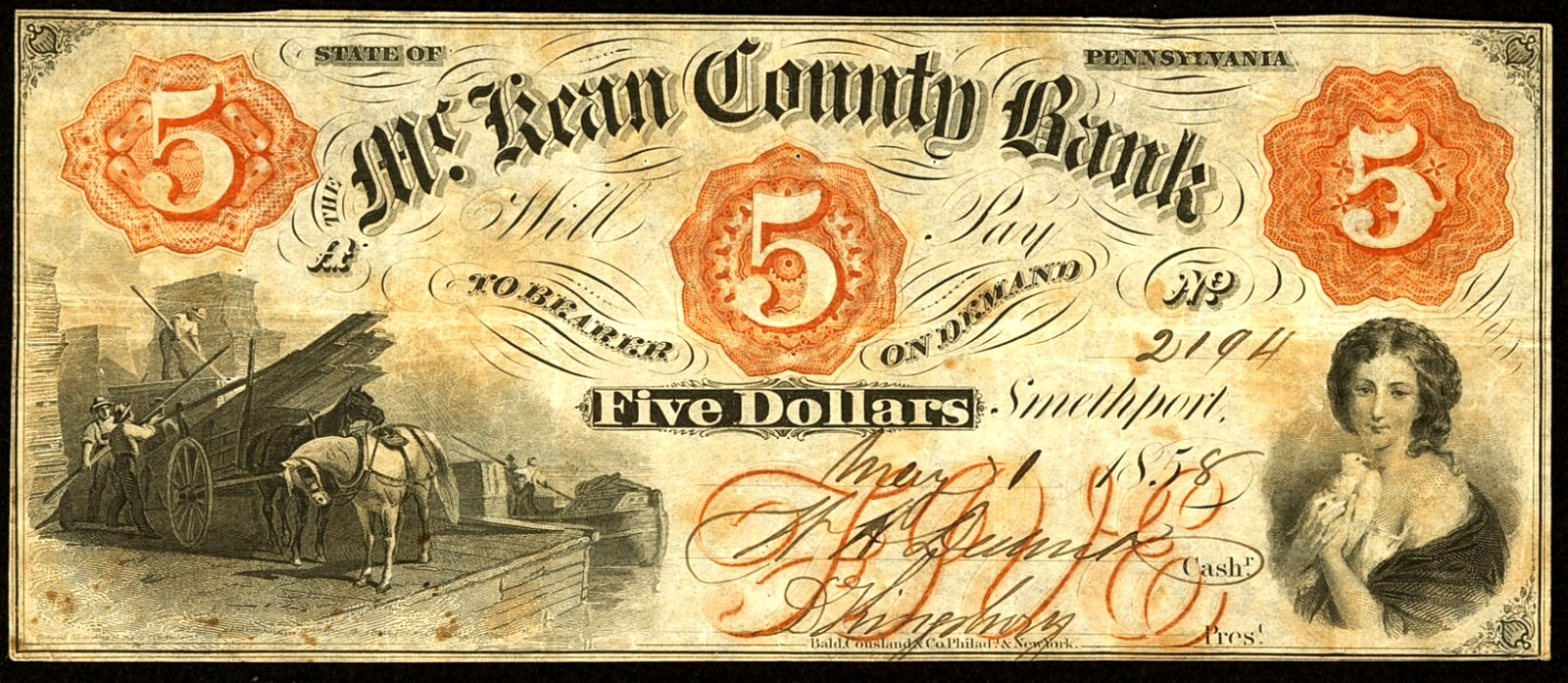 PA $5 SMETHPORT The McKean County Bank Pennsylvania May 1, 1858 Haxby PA-625 G6a