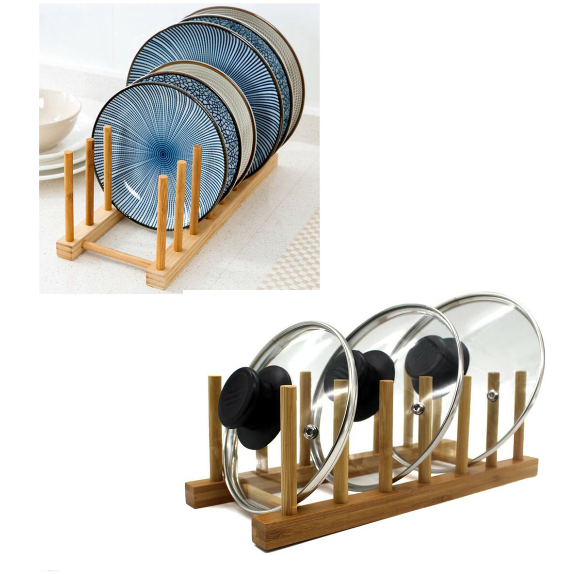 Bamboo Wooden Dish Rack, Plate Rack Stand Pot Lid Holder, Kitchen Organizer
