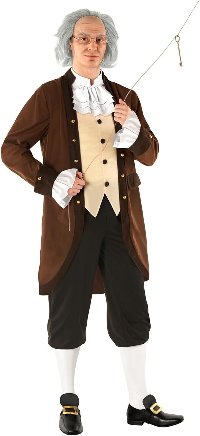 Men`s Benjamin Ben Franklin Costume + Wig Adult Founding Fathers Colonial Outfit