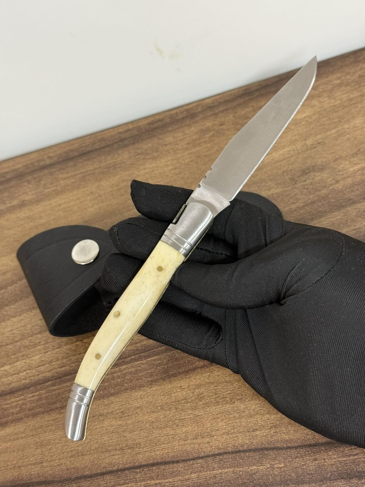 Vintage Laquiole Pocket Knife Blade Steel Antler Handle Leather Sheath Mens Rare