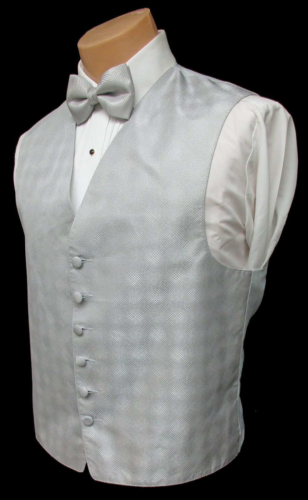 Men's Perry Ellis Silver Tuxedo Vest and Bow Tie Platinum Made in USA Large L
