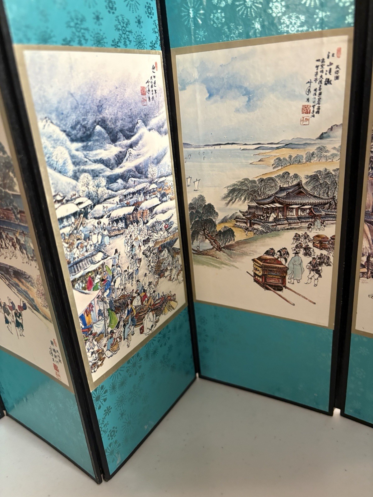 Vintage Chinese Seasonal Art On A Mini Folding Screen
