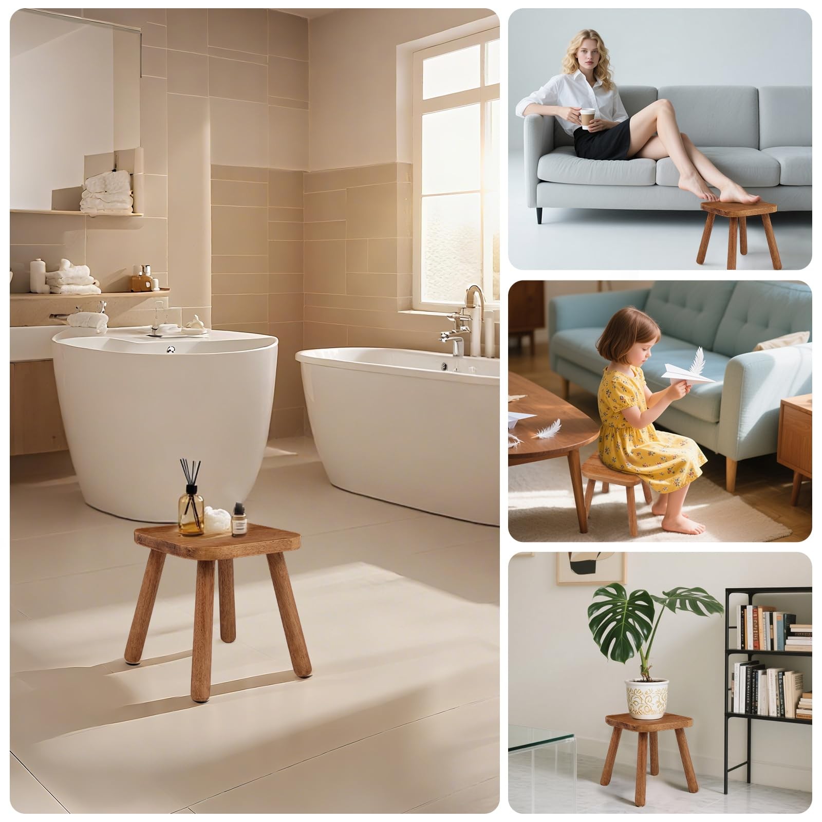 Solid Wood Step Stool Walnut 9.3inch Removable Portable Round Footstool