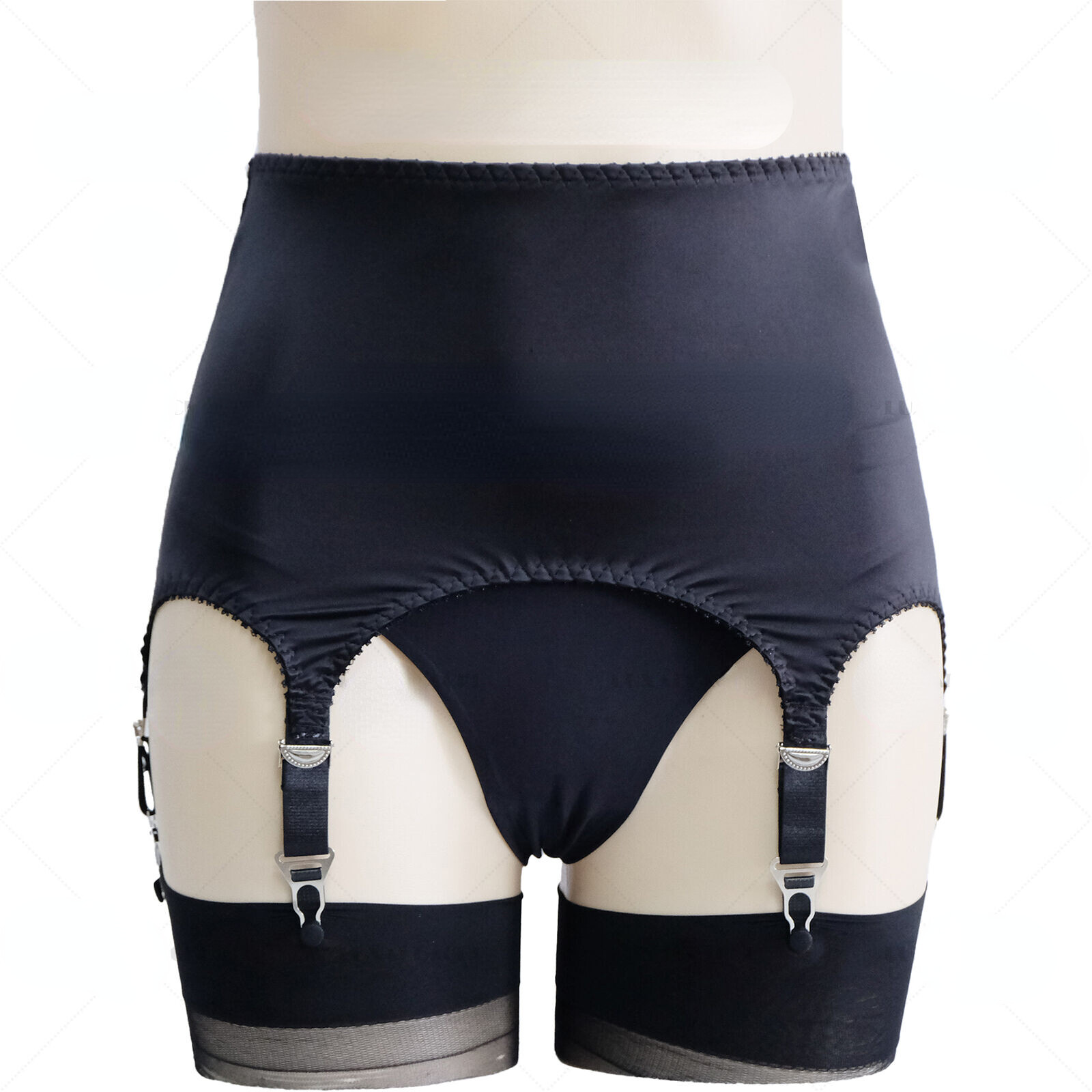 US Women Vintage Shiny Satin Lace Patchwork Garter Belt W/ 6 Straps Waist Girdle