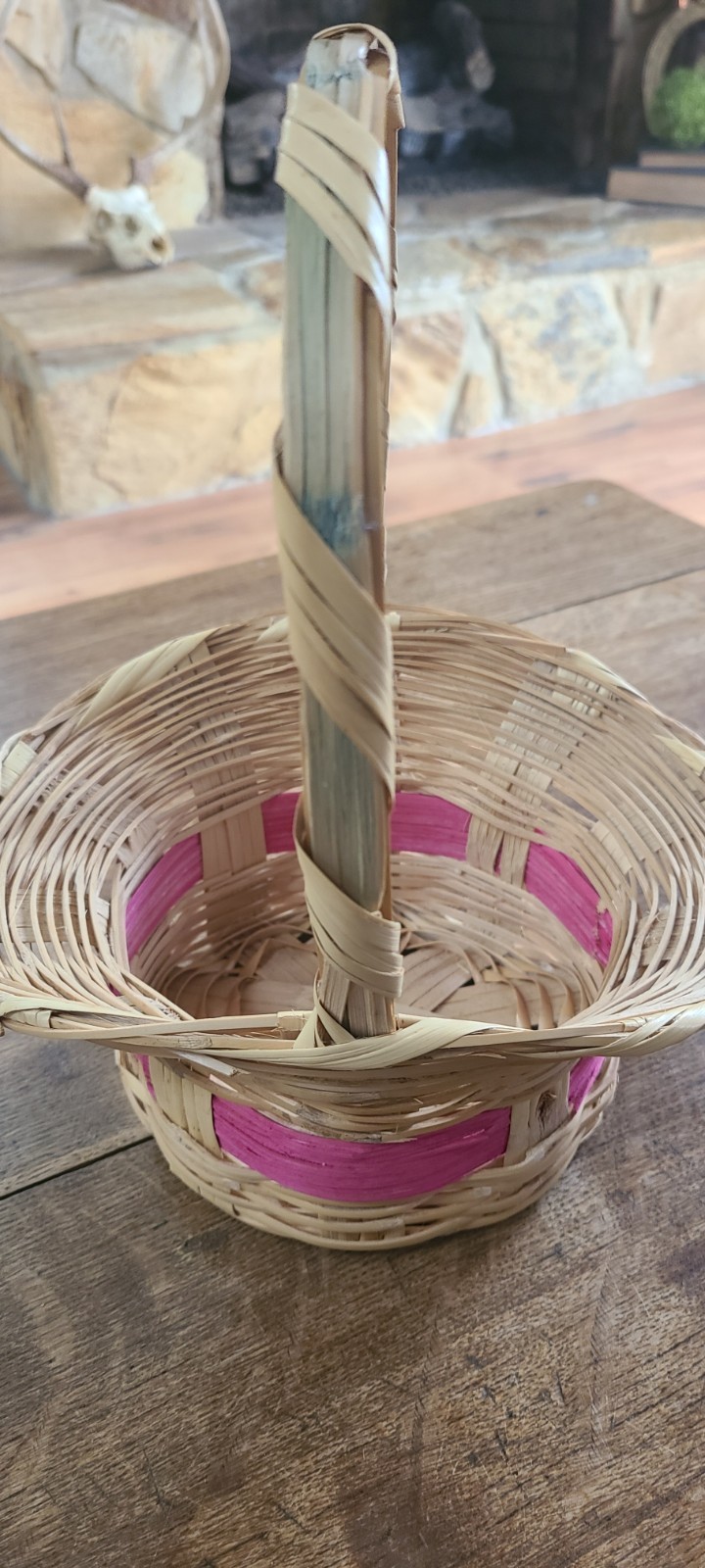 Vintage Woven Easter Basket Pink Green Handle Mexico 70s Traditional 9 X 11