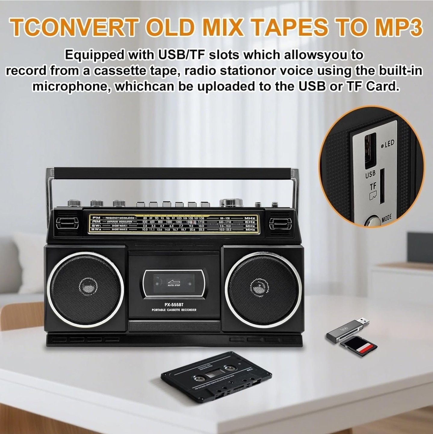 Cassette Player Boombox with Bluetooth, AM/FM/SW Radio & Record to USB, 24W Ster