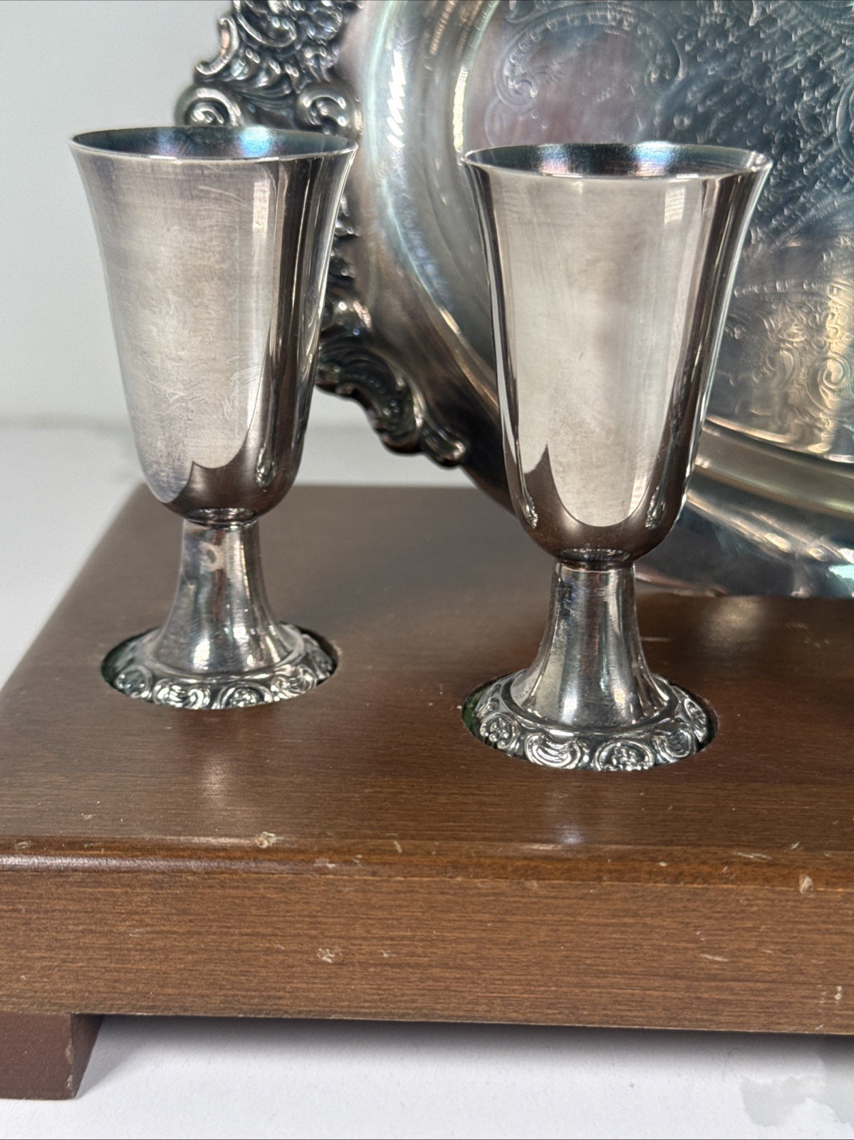 6 Wallace Cordials Shot Cups W/Wallace Baroque Silverplated Tray*