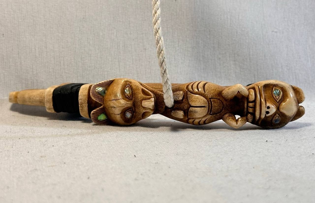 Wolf and Beaver Totem Halibut Hook, Shell Inlay, Northwest Coast Design
