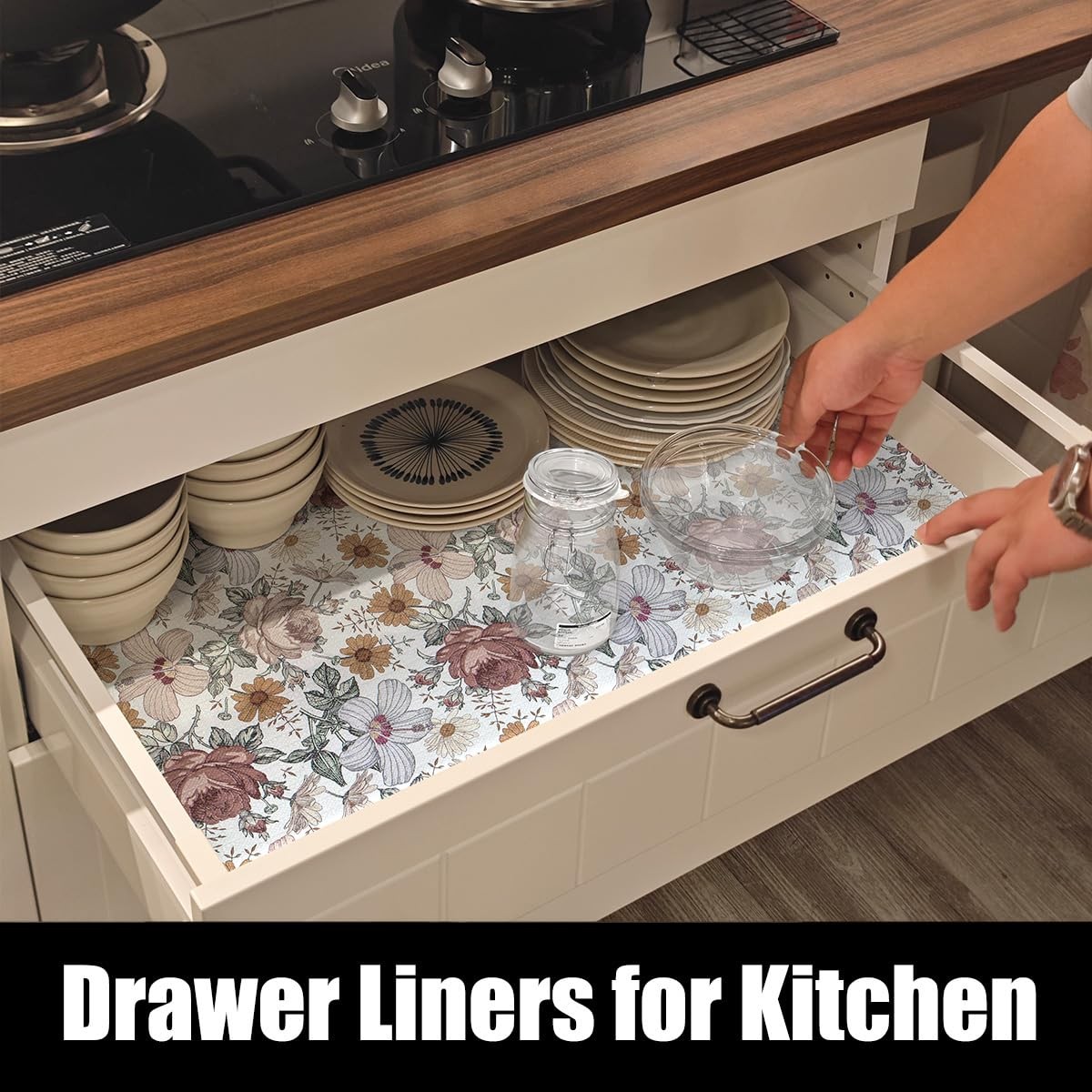Floral Drawer Shelf Liners, Non Adhesive and Strong Non-Slip Cabinet Drawer S...