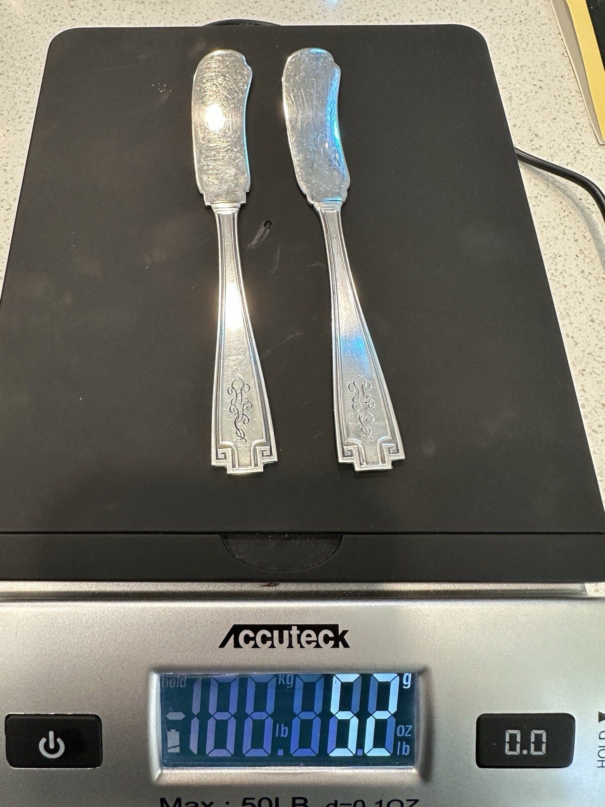 Antique Sterling GORHAM ETRUSCAN 1913 Flat Butter Knives Mono ART DECO! Lot of 2