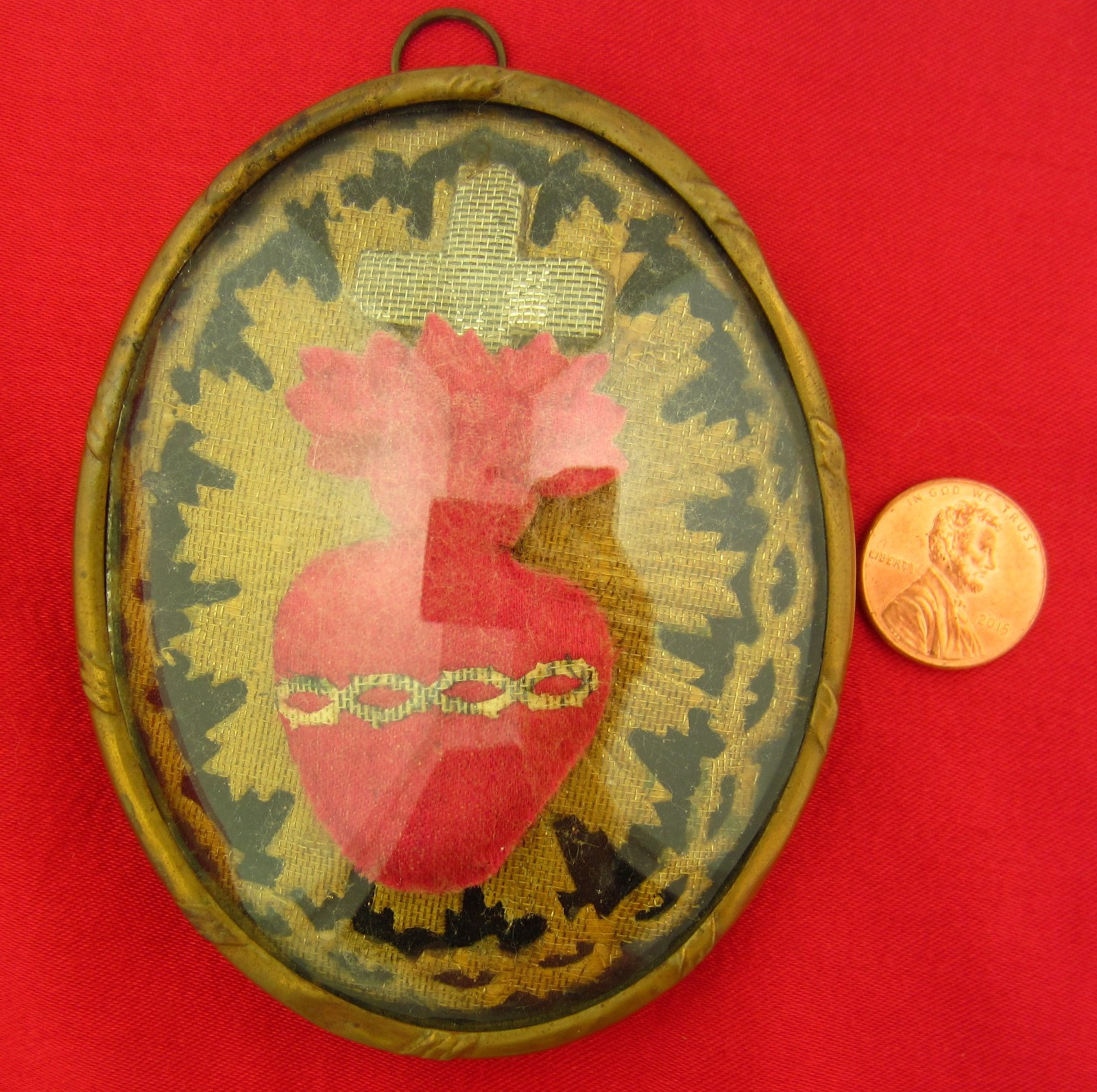 Antique SACRED HEART EX VOTO Reliquary Catholic French Domed Glass CROWN THORNS