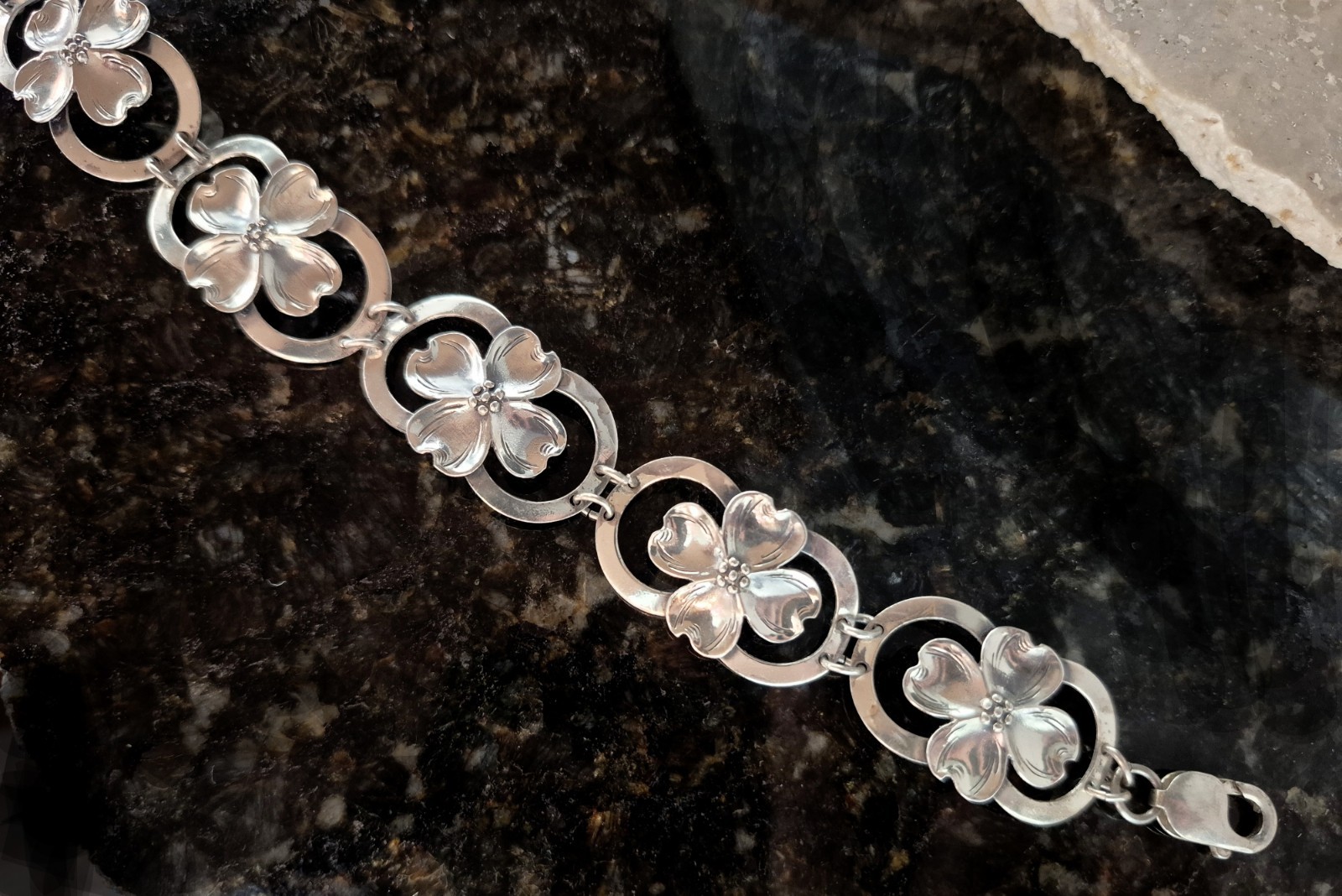 Vintage Estate Sterling Dogwood Panel Bracelet