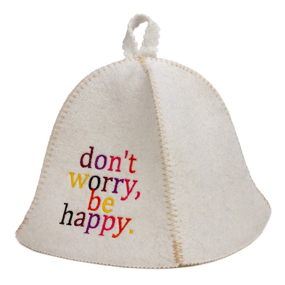 Don't Worry Be Happy Sauna Hat - Natural Wool Spa Hat - Felt Russian Banya Hat