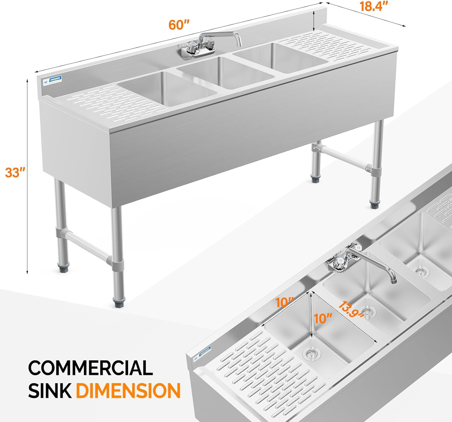 3 Compartment Commercial Sink with Double Drainboard 60"L x 18.4"W x 33"H Silver
