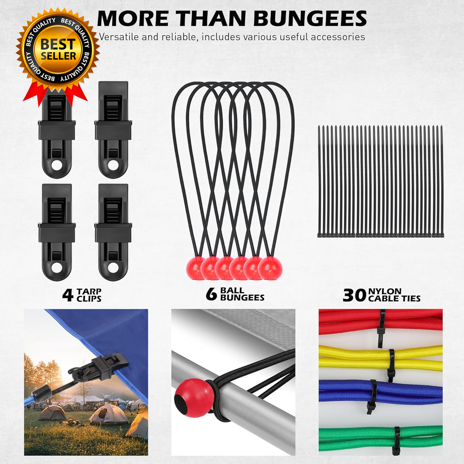 60-Piece Bungee Cords Assorted Sizes 10" 18" 24" 32" 40" Bungee Cords with Hooks