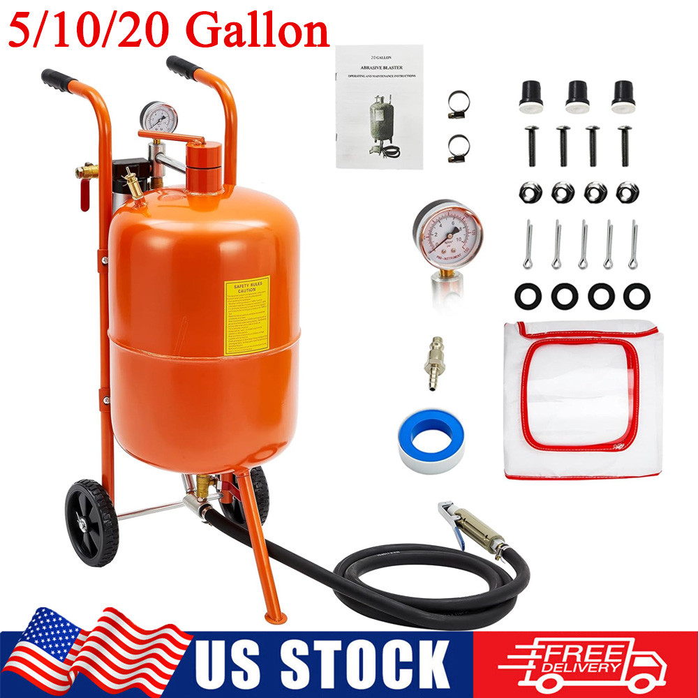 5/10/20 Gallon Sandblaster Portable Air Sand Blaster Media Abrasive w/ 4 Nozzles