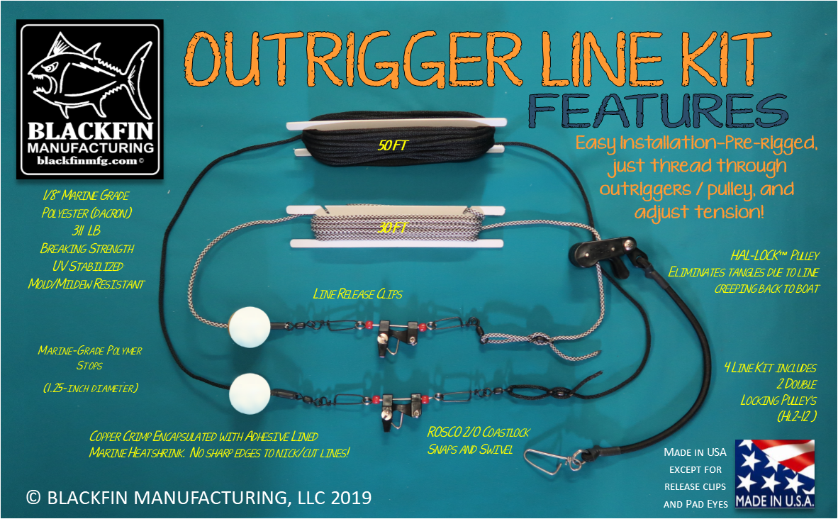 Outrigger Rigging Kit 4 Lines 50/30 FT + Hal-Lock Double Pulleys + Release Clips