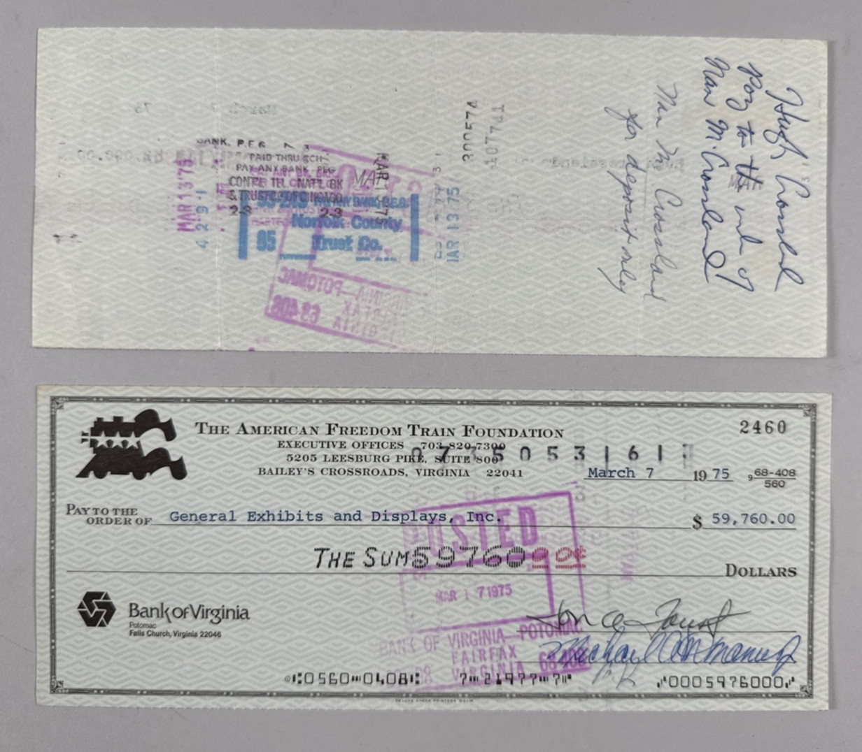 Lot of 650 Bank of Virginia American Freedom Train Foundation Checks 1975