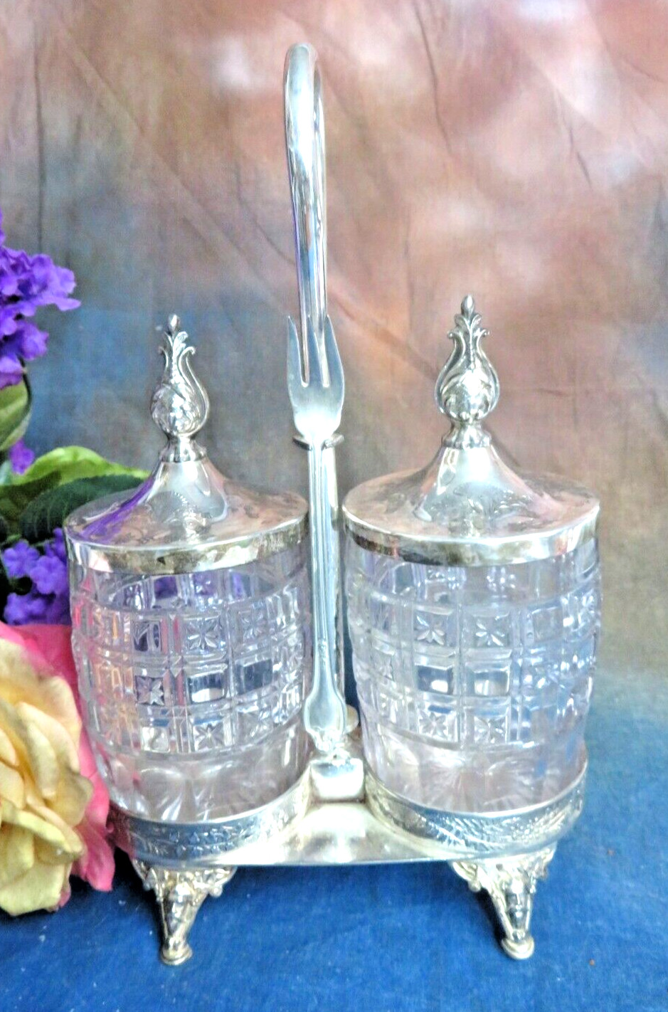 Pickle Castor silver plate frame Meriden B double EAPG jars Antique Victorian