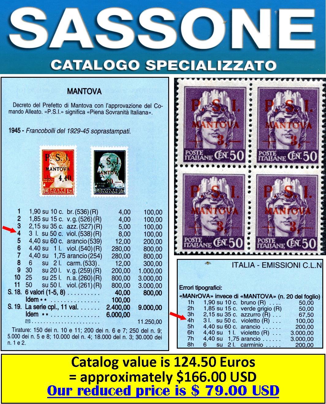 PSI-MANTOVA 1945 CLN 4 stamps three fine MNH and one fine MISPELLED ERROR (167)