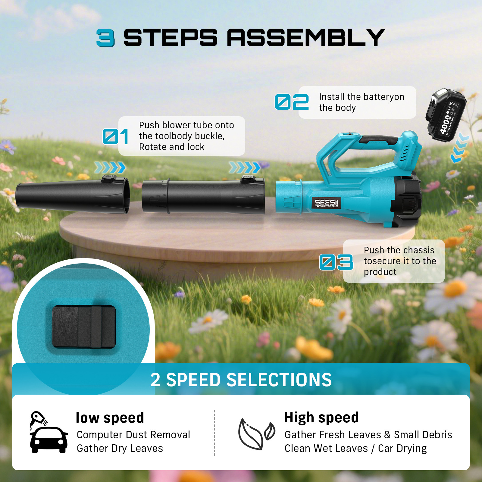 Seesii Cordless Leaf Blower Brushless 780CFM Electric Airblower 2x4.0 Ah Battery