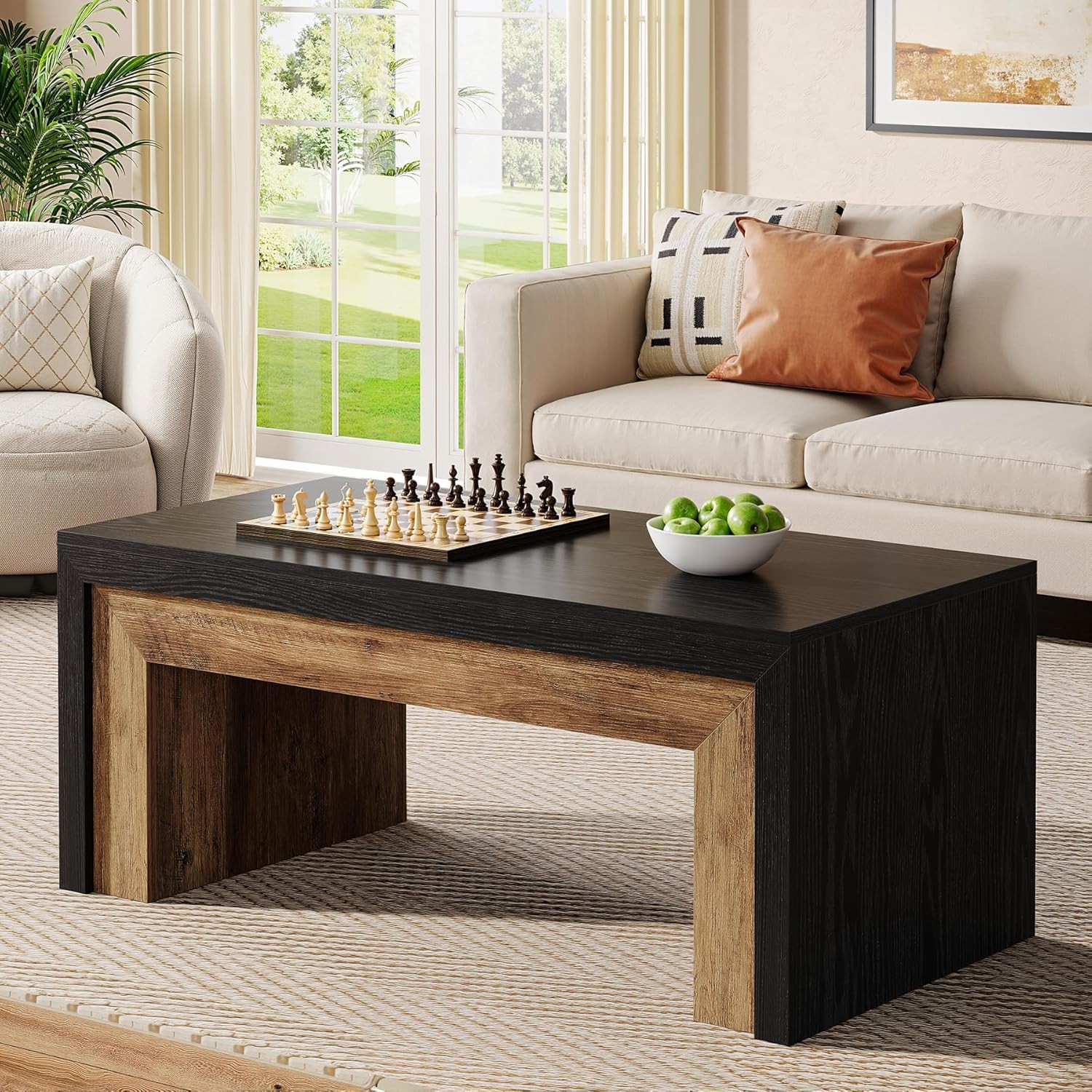47-Inch Farmhouse Coffee Table, Rectangle Accent Center Table for Living Room