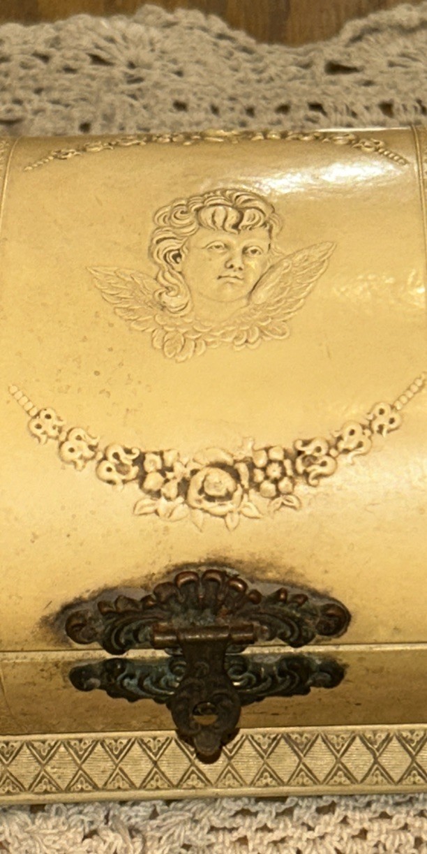 Antique Jewelry Box Engraved Angel Celluloid Wrapped Wood 9x 3.75 Oval Quite Old